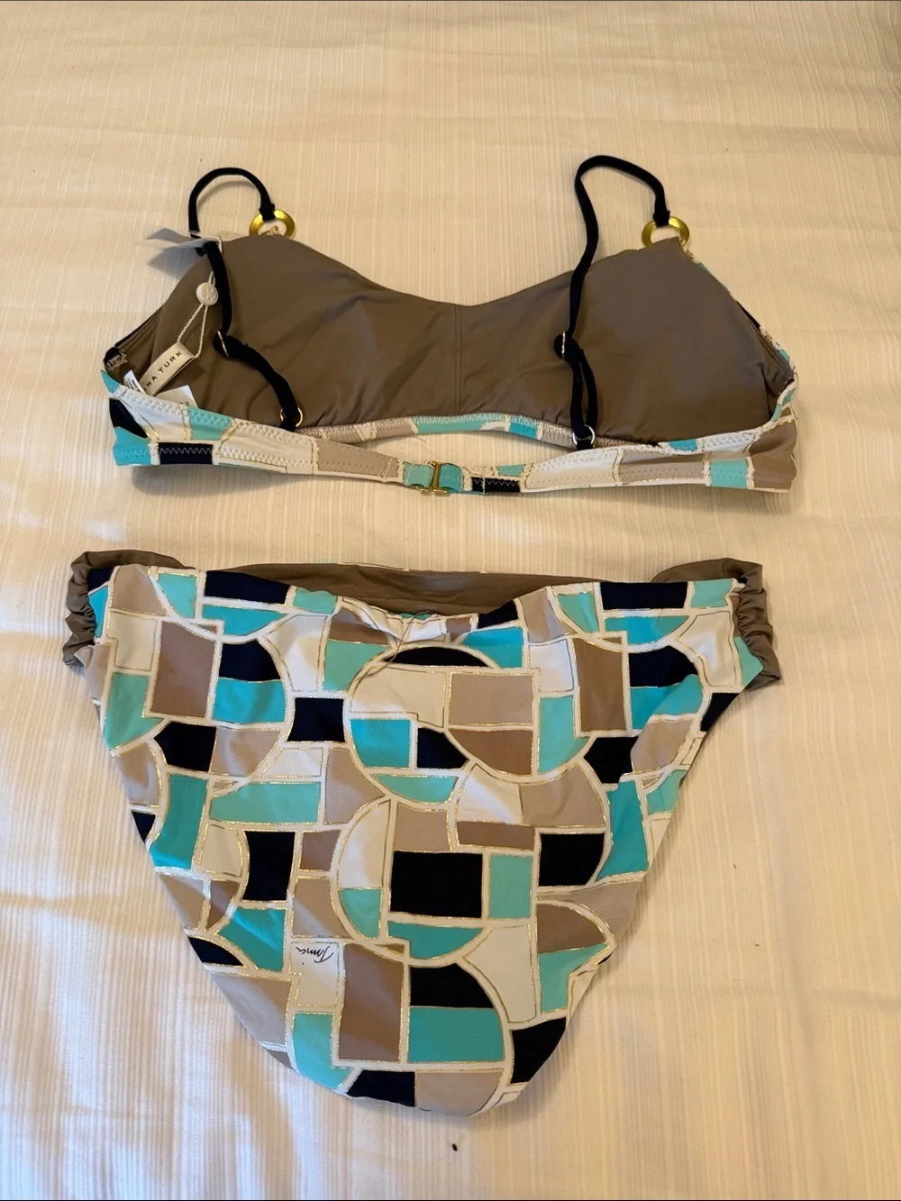 Trina Turk Girls' Two-Piece Bikini in Teal, Taupe, Navy & White